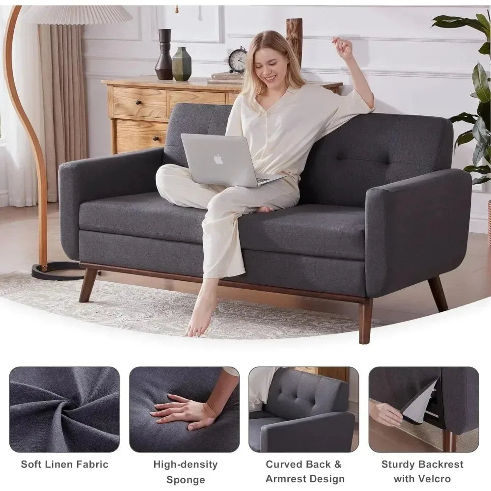 Fontaine Collection | Tapered-Leg Curved Walnut & Bouclé Loveseat - presented at scale within a designed interior in a Mid-Century Modern living room setting.