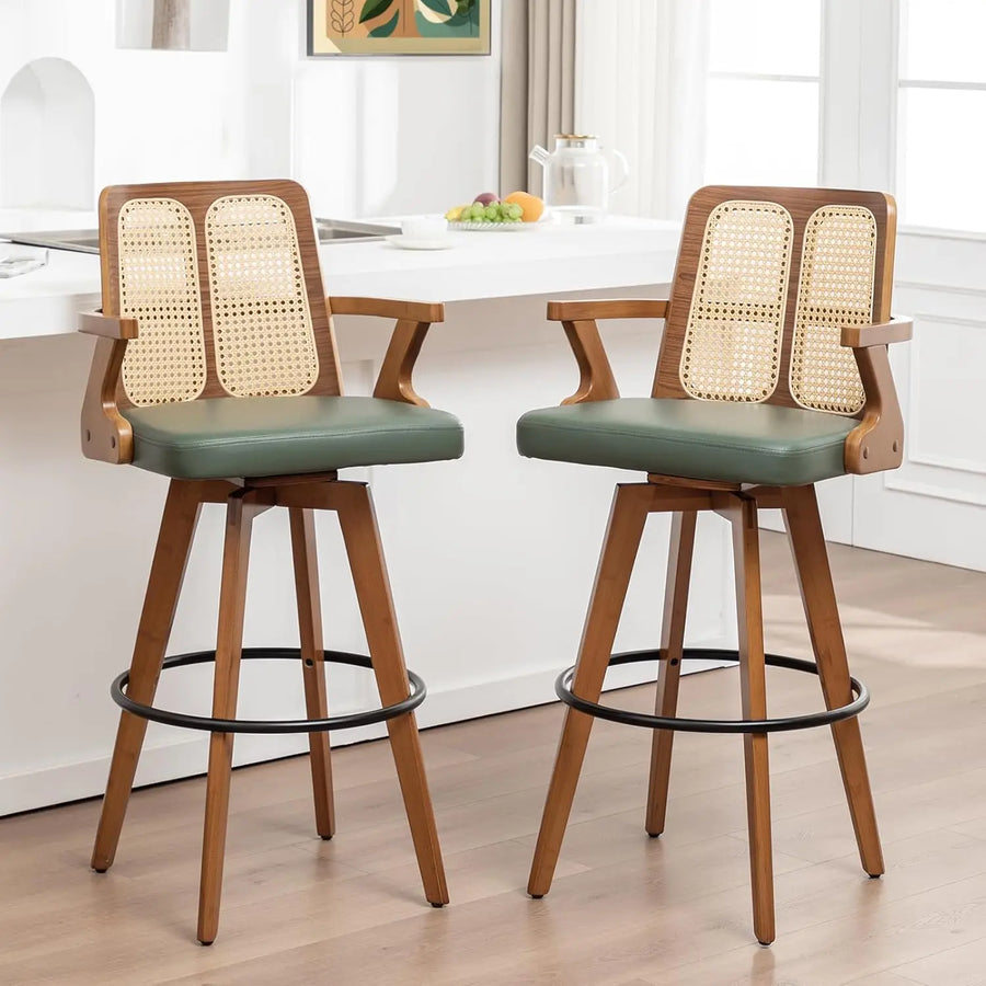 Ellington Collection | Pedestal Curved Walnut Swivel Bar Stool - showcasing full sculptural form and curated finish in a Mid-Century Modern dining room setting.