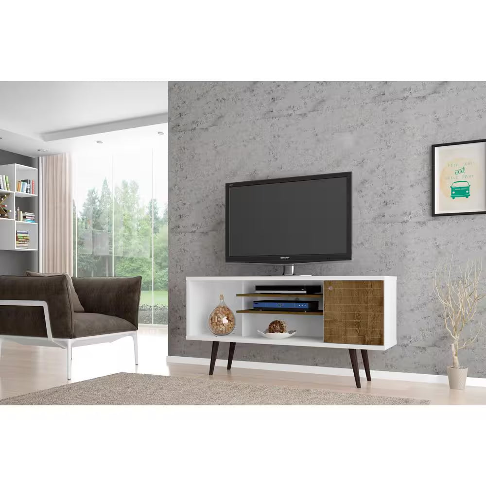 Liberty 53.14 In. White and Rustic Brown TV Stand Fits Tvs up to 50 In. with Storage Doors, Shelves and Cable Management