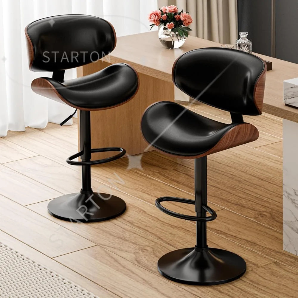 Fontaine Collection | Arched Leather-Wrapped Swivel Stools - exhibiting shadow play and geometric silhouette detail in a Mid-Century Modern living room setting.