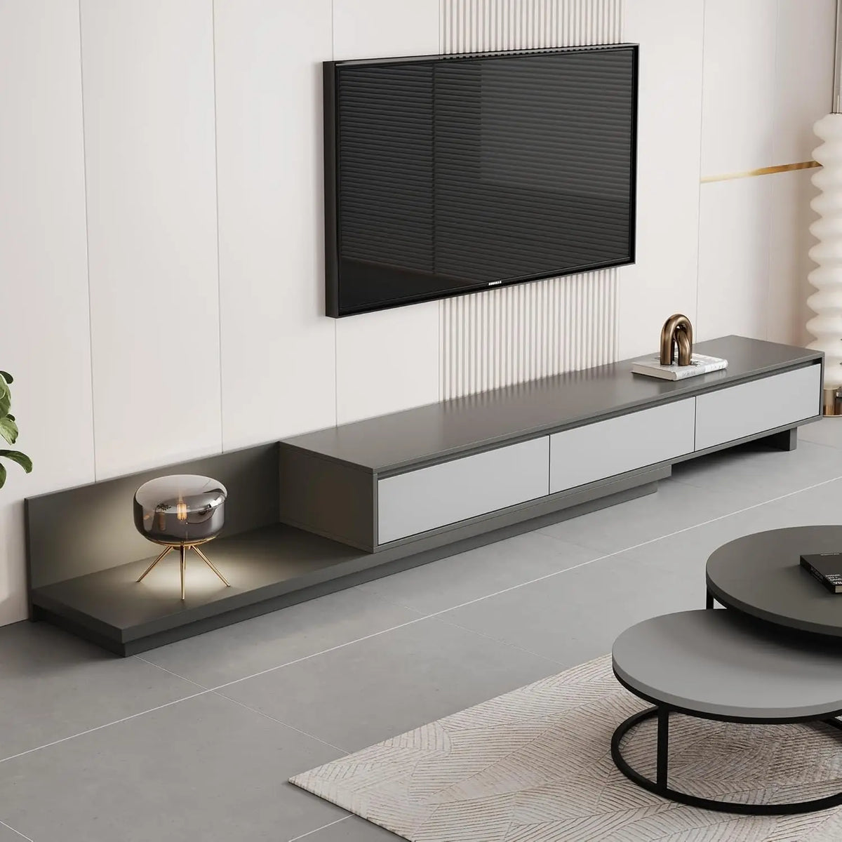Ellington Collection | Tapered-Leg Brass-Accented Walnut Entertainment Console - showcasing form and function in daily use context in a Mid-Century Modern entryway setting.