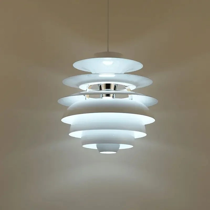 Astoria Collection | Sculptural Glass-Topped Frosted Glass Pendant - styled from an alternate angle revealing dimensional depth in a Mid-Century Modern living room setting.