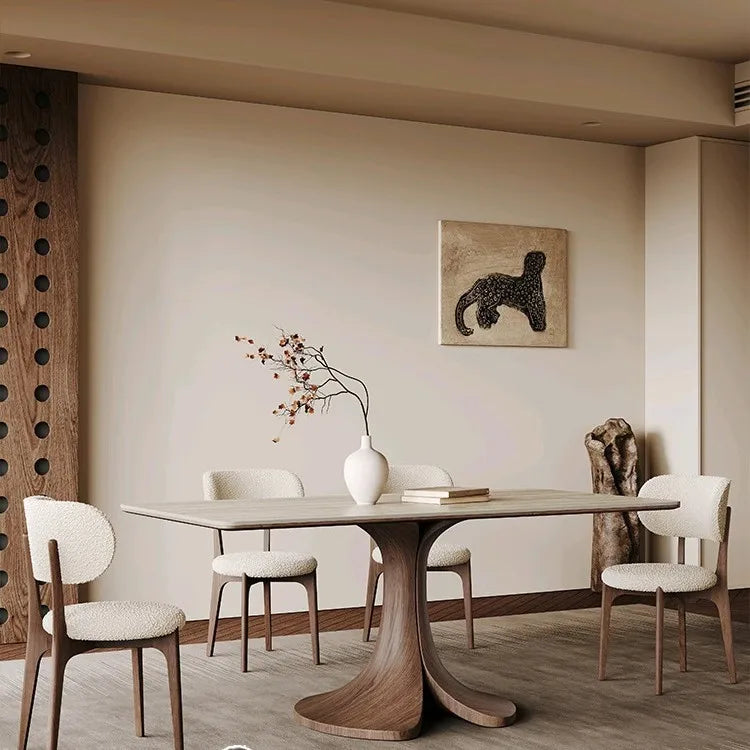Dresden Collection | Tapered-Leg Stone-Top Walnut & Travertine Dining Table - showcasing full sculptural form and curated finish in a Mid-Century Modern dining room setting.