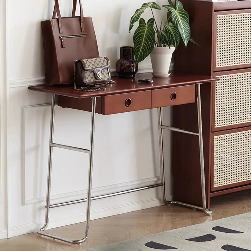 Dresden Collection | Hairpin-Legged Gold-Trimmed Walnut Console - captured in a curated lifestyle vignette in a Mid-Century Modern entryway setting.