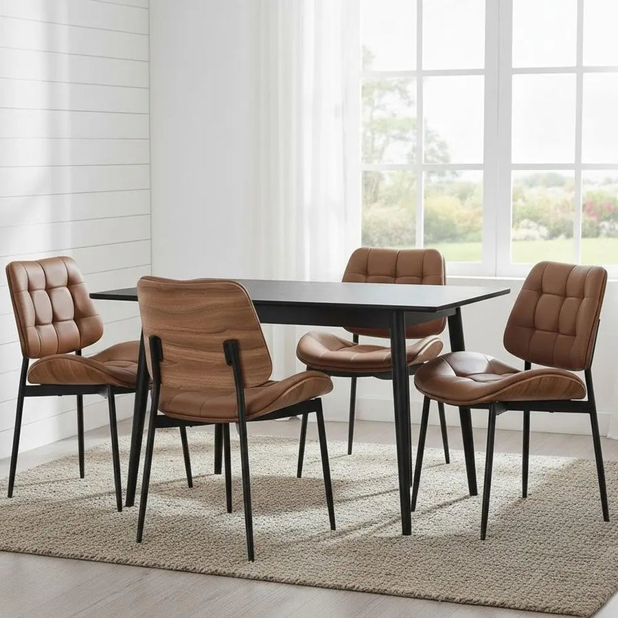 Fontaine Collection | Sculptural Chrome-Detailed Cognac Leather Dining Set - showcasing full sculptural form and curated finish in a Mid-Century Modern dining room setting.