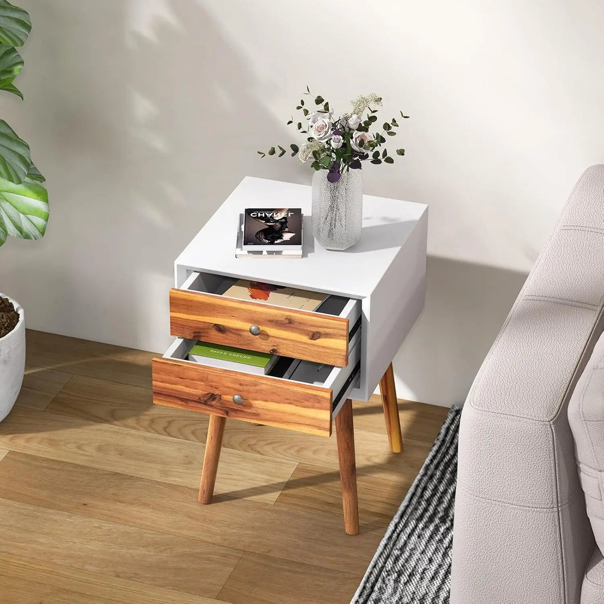 Dresden Collection | Drawer Walnut Nightstand - presented at scale within a designed interior in a Mid-Century Modern bedroom setting.
