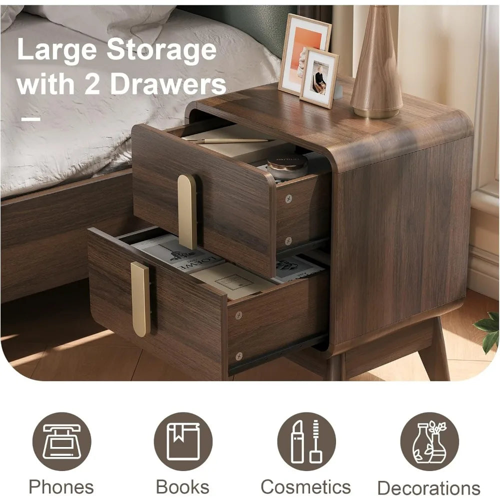 Dresden Collection | Curved Walnut Nightstand - highlighting material texture and craftsmanship detail in a Mid-Century Modern bedroom setting.