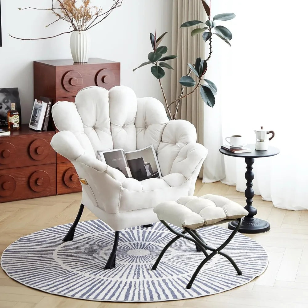Dresden Collection | Sculptural Velvet-Cushioned Botanical Velvet Lounge & Ottoman - presented at scale within a designed interior in a Mid-Century Modern living room setting.