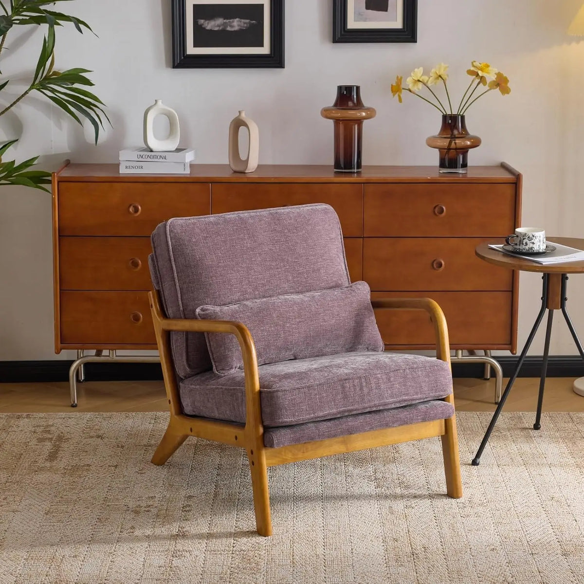 Valencia Collection | Sculptural Desert-Modern Chenille Accent Chair - detail view 15 revealing design nuance in a Mid-Century Modern living room setting.