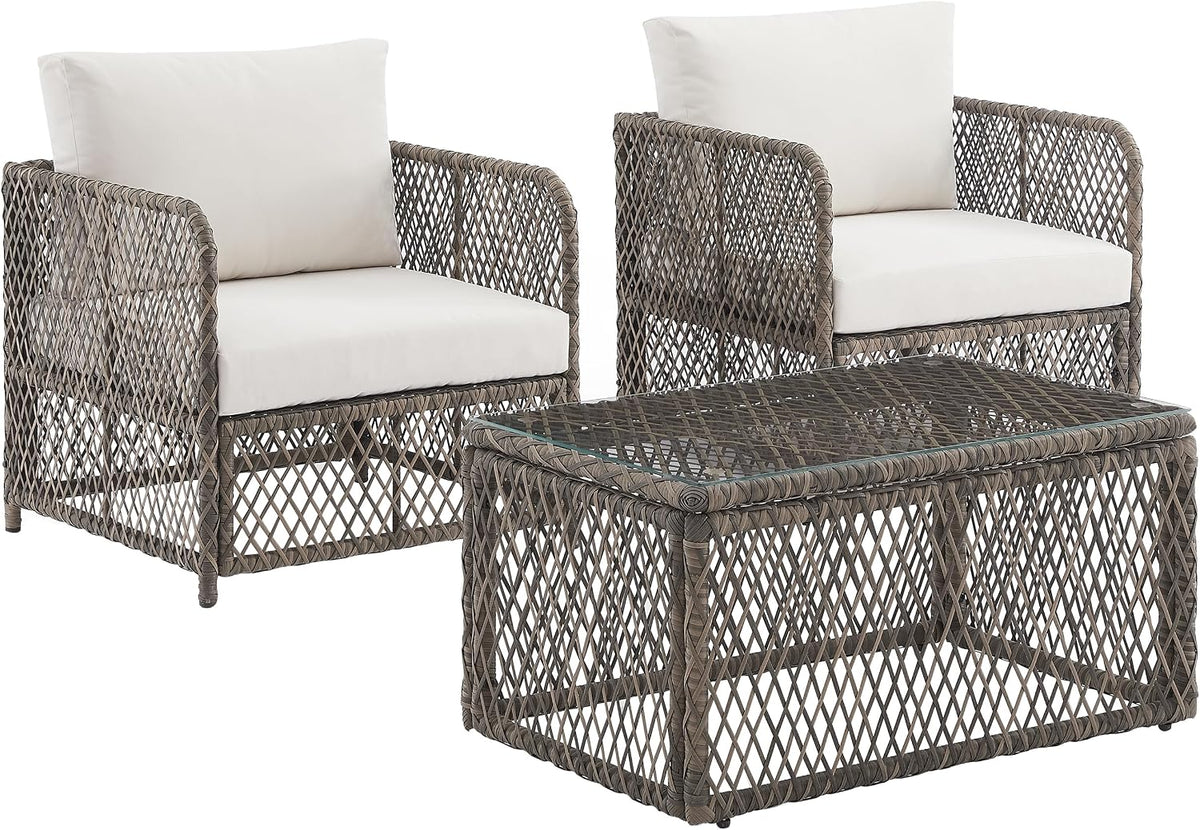 Granite Bay 3-Piece Outdoor Chair and Coffee Table, Modern Wicker Patio Furniture, Porch, Deck, Creme