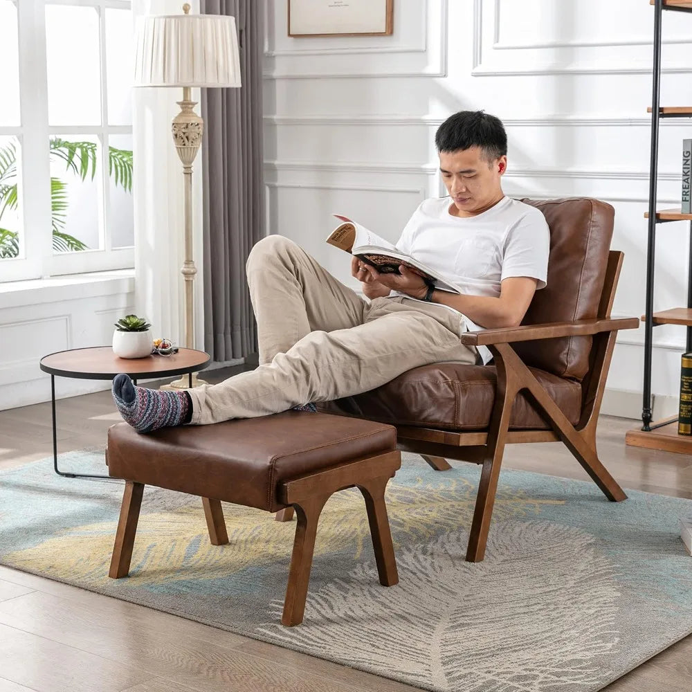 Ellington Collection | Angular Leather-Wrapped Walnut & Leather Set - revealing tonal warmth and surface patina under ambient light in a Mid-Century Modern living room setting.