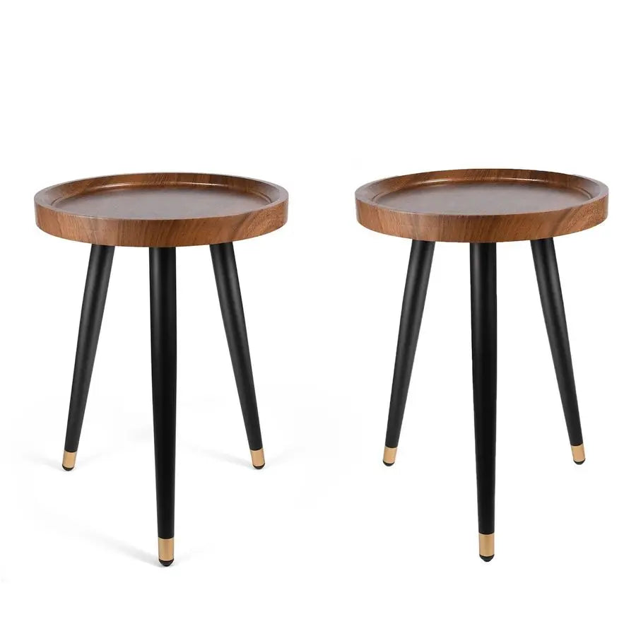 Fontaine Collection | Tapered-Leg Round Walnut Plant Stand - presented at scale within a designed interior in a Mid-Century Modern living room setting.