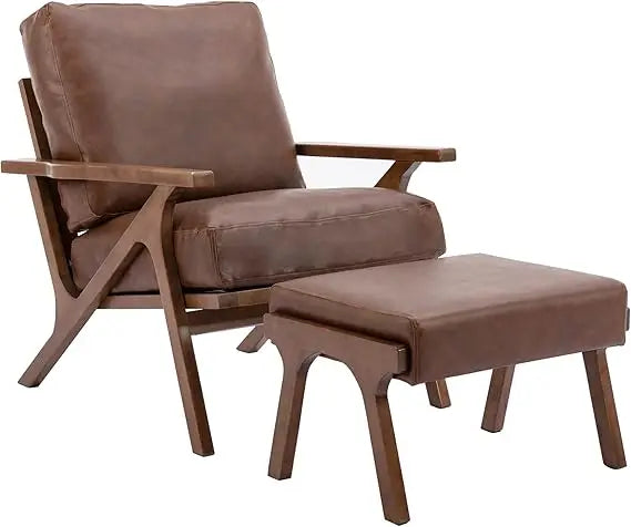 Ellington Collection | Angular Leather-Wrapped Walnut & Leather Set - framed in an editorial still-life composition in a Mid-Century Modern living room setting.