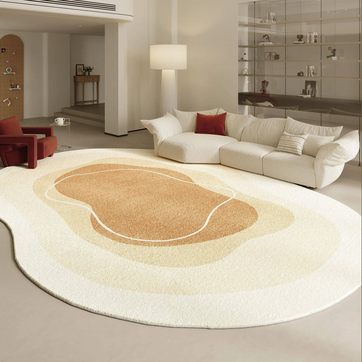 Fontaine Collection | Geometric Atomic-Era Irregular-Form Carpet - captured in a curated lifestyle vignette in a Mid-Century Modern living room setting.
