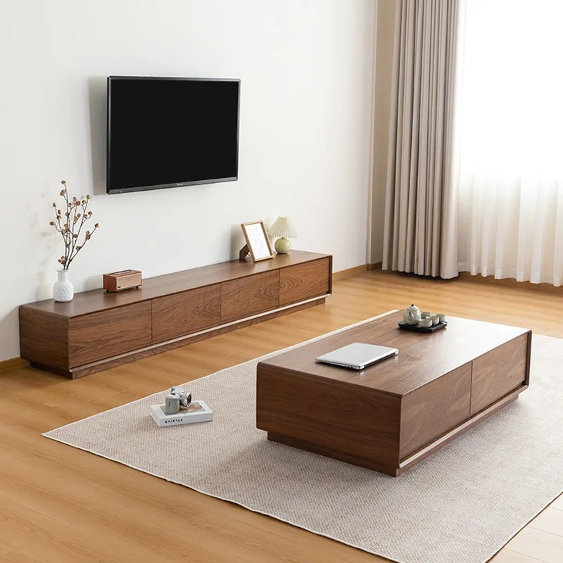 Cordoba Collection | Minimalist Walnut Media Console with Hearth - styled from an alternate angle revealing dimensional depth in a Mid-Century Modern entryway setting.