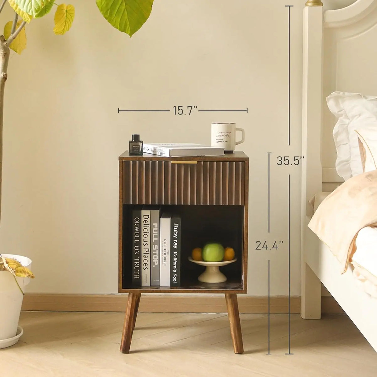 Dresden Collection | Nordic Fluted Walnut Nightstand - highlighting material texture and craftsmanship detail in a Mid-Century Modern bedroom setting.