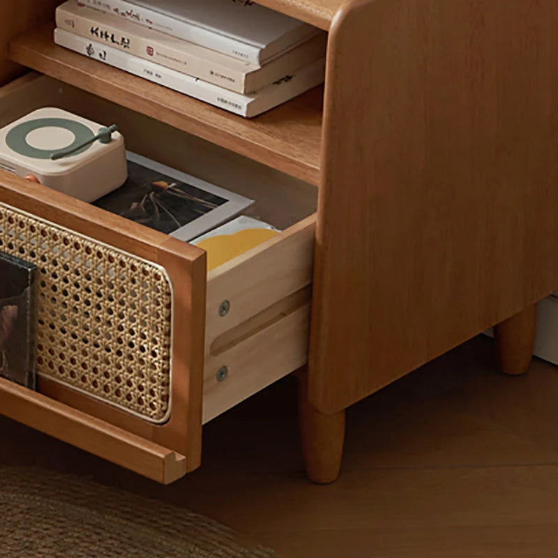 Dresden Collection | Streamlined Atomic-Era Lacquered Walnut Nightstands - revealing tonal warmth and surface patina under ambient light in a Mid-Century Modern bedroom setting.
