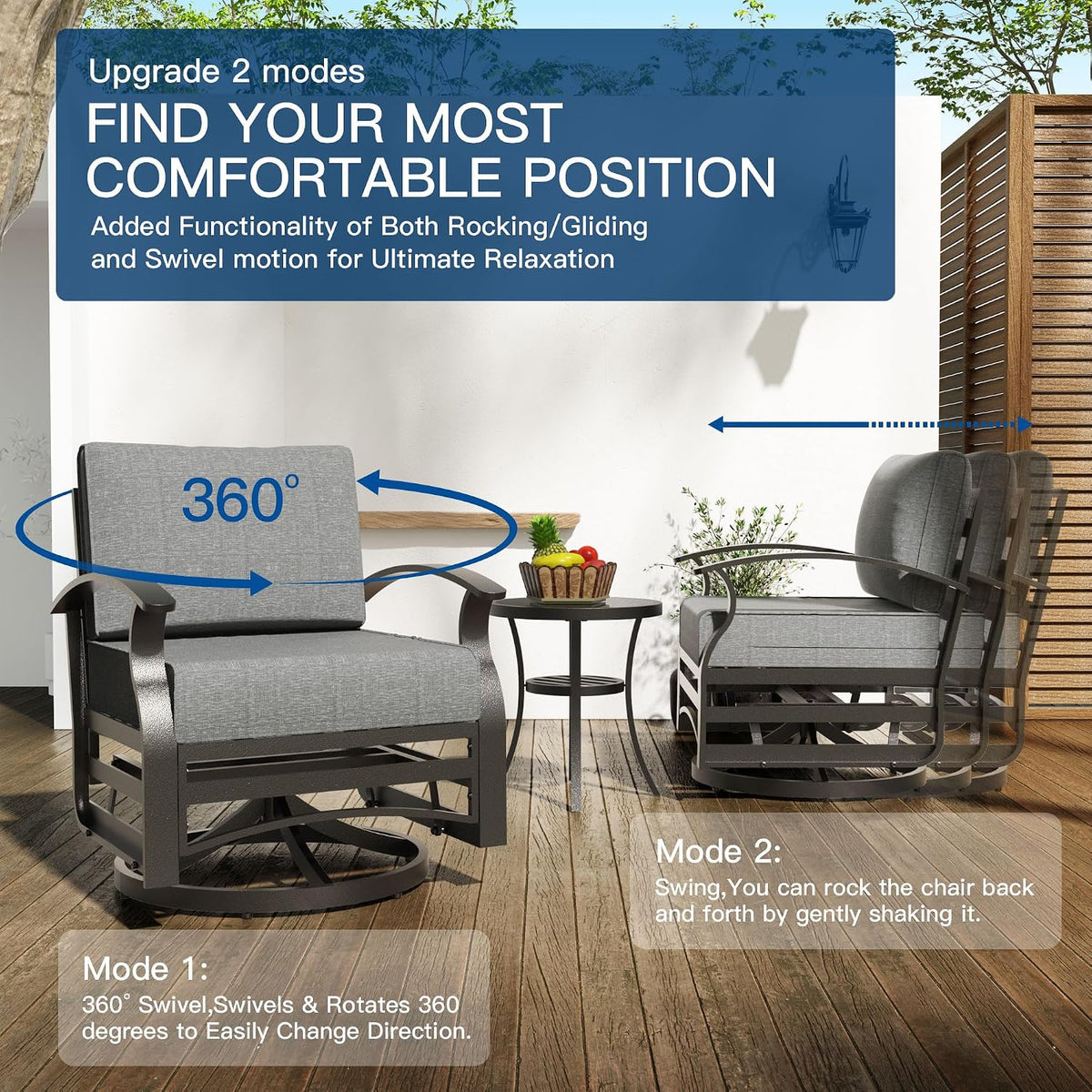 Aluminum Patio Furniture Set,7 Piece Modern Metal Outdoor Patio Furniture W/5.1'' Thick Cushion and Swivel Chairs,Patio Conversation Sets for Porch,Deck,Grey