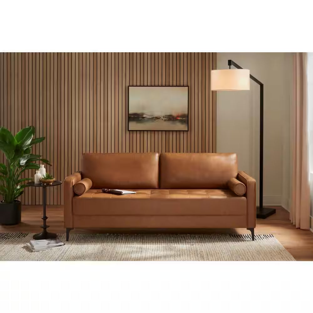 Goodwin 75.6 In. Square Arm Faux Leather Mid-Century Modern Sofa with Bolster Pillows in Caramel Brown