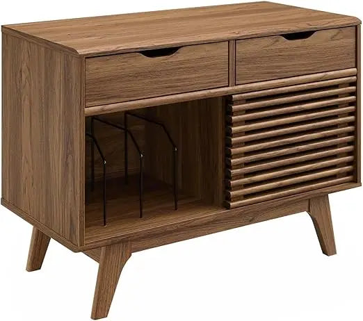 Dresden Collection | Compact Tapered-Leg Walnut Record Console - featuring close-up joinery and artisanal finish quality in a Mid-Century Modern entryway setting.