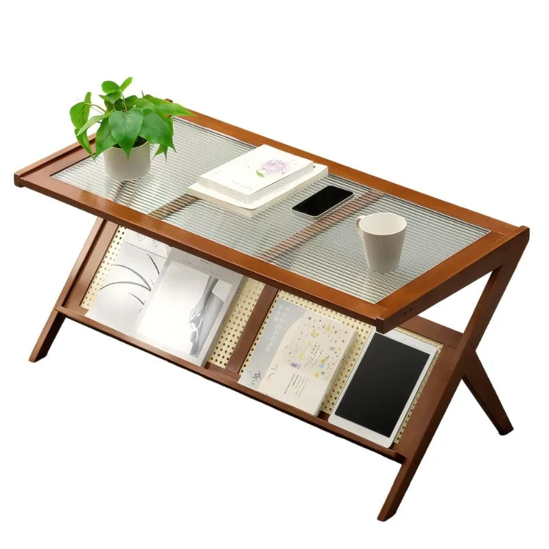 Belmont Collection | Sculptural Glass-Top Rattan & Glass Coffee Table - presented at scale within a designed interior in a Mid-Century Modern living room setting.