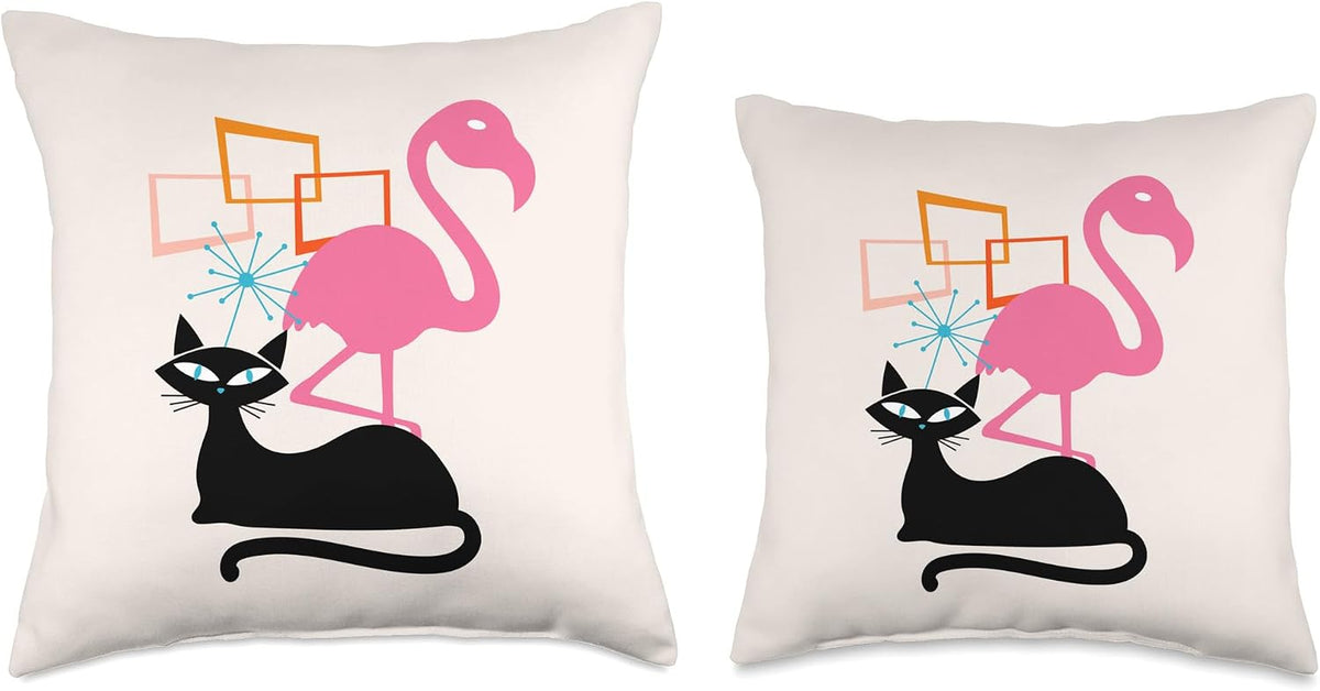 Flamingo and Cat Midcentury Mid Century Stardust Modern Throw Pillow