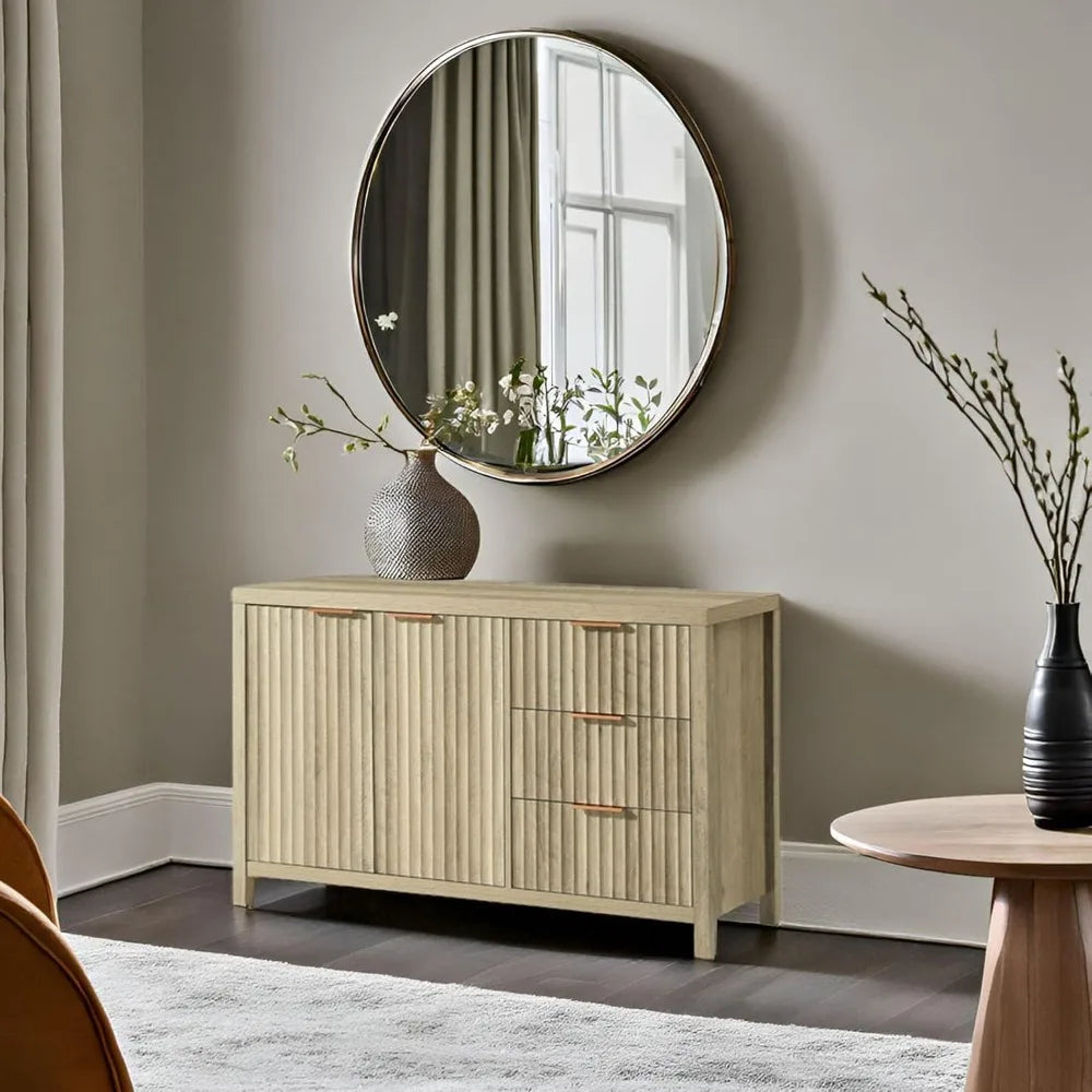 Belmont Collection | Fluted Atomic-Era Sunwashed Ash Fluted Sideboard - presented at scale within a designed interior in a Mid-Century Modern living room setting.