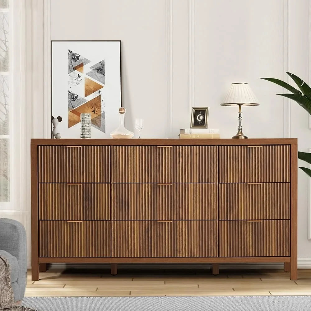 Belmont Collection | Tapered-Leg Brass-Accented Walnut & Brass Dresser - highlighting material texture and craftsmanship detail in a Mid-Century Modern bedroom setting.