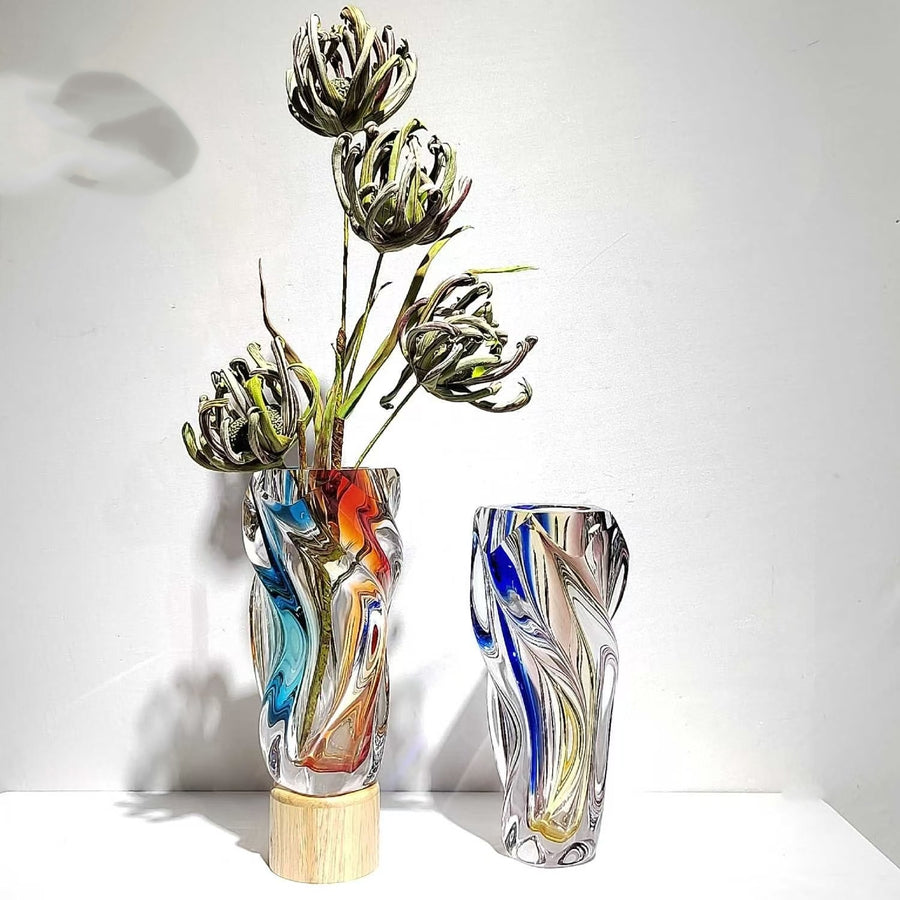 Belmont Collection | Sculptural Glass-Topped Twisted Glass Vase - showcasing full sculptural form and curated finish in a Mid-Century Modern living room setting.