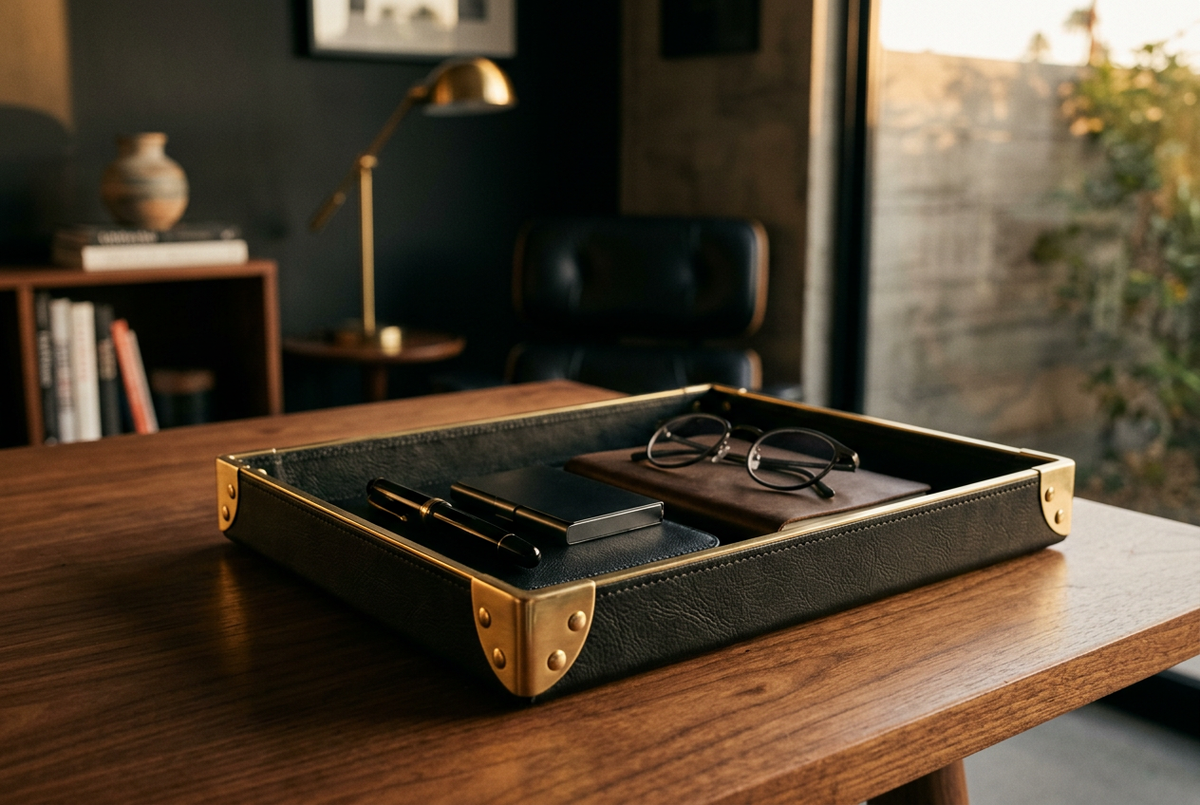 Leather & Brass Desk Tray | Valet Noir
