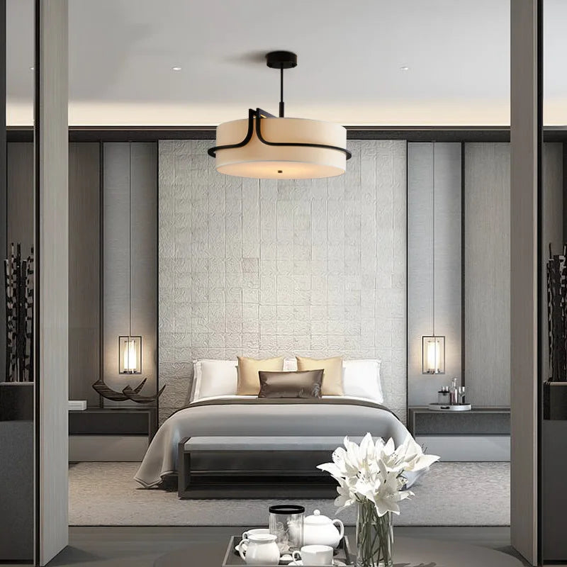 Dresden Collection | Geometric Round Fabric Chandelier - captured in a curated lifestyle vignette in a Mid-Century Modern living room setting.