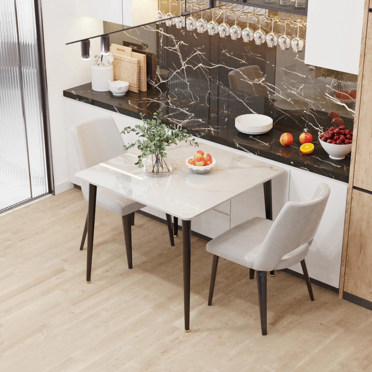 Dresden Collection | Hairpin-Legged Stone-Top Slate Dining Table - demonstrating proportional harmony within the collection in a Mid-Century Modern dining room setting.