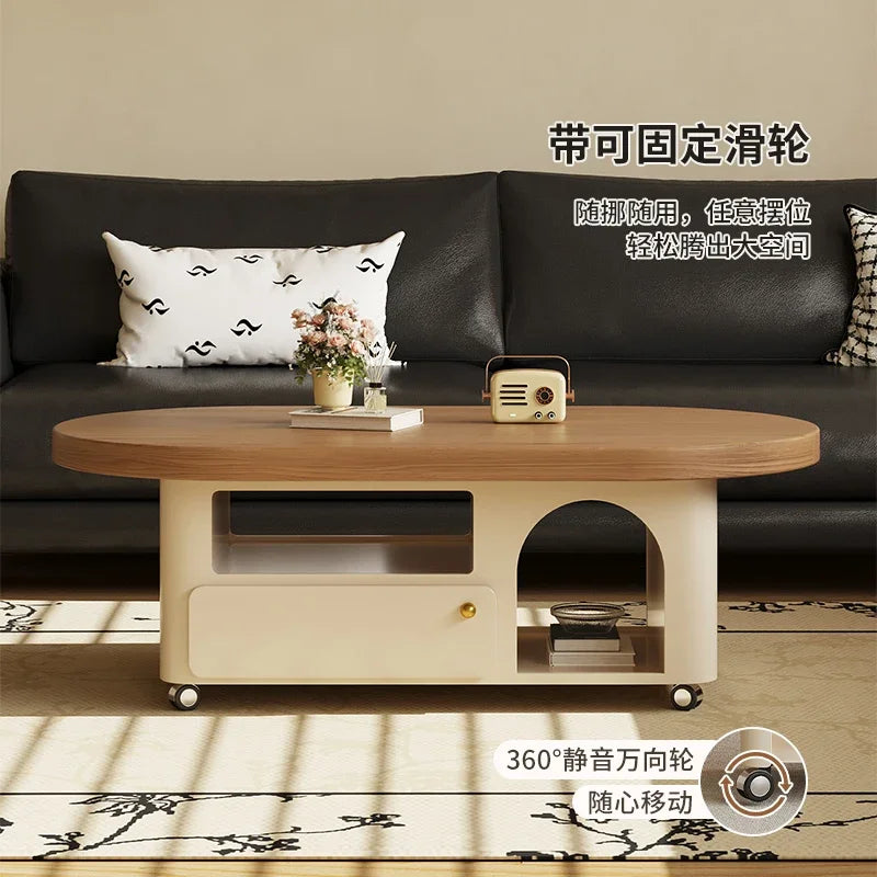 Ellington Collection | Tapered-Leg Oval Solid Walnut Coffee Table - framed in an editorial still-life composition in a Mid-Century Modern living room setting.
