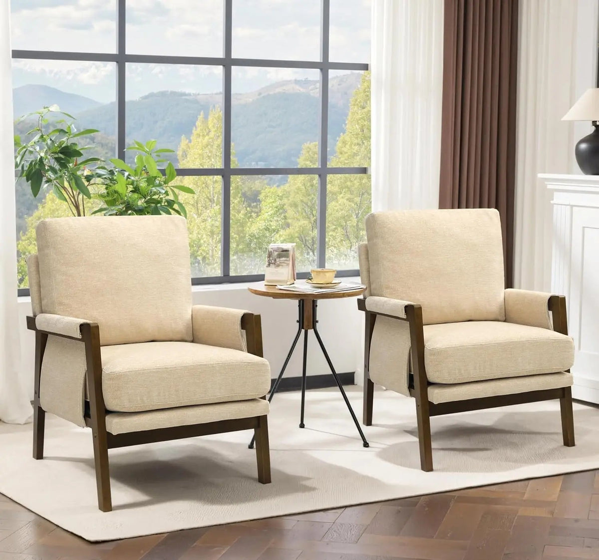 Ellington Collection | Tapered-Leg Brass-Accented Walnut & Brass Accent Chair - captured in a curated lifestyle vignette in a Mid-Century Modern living room setting.