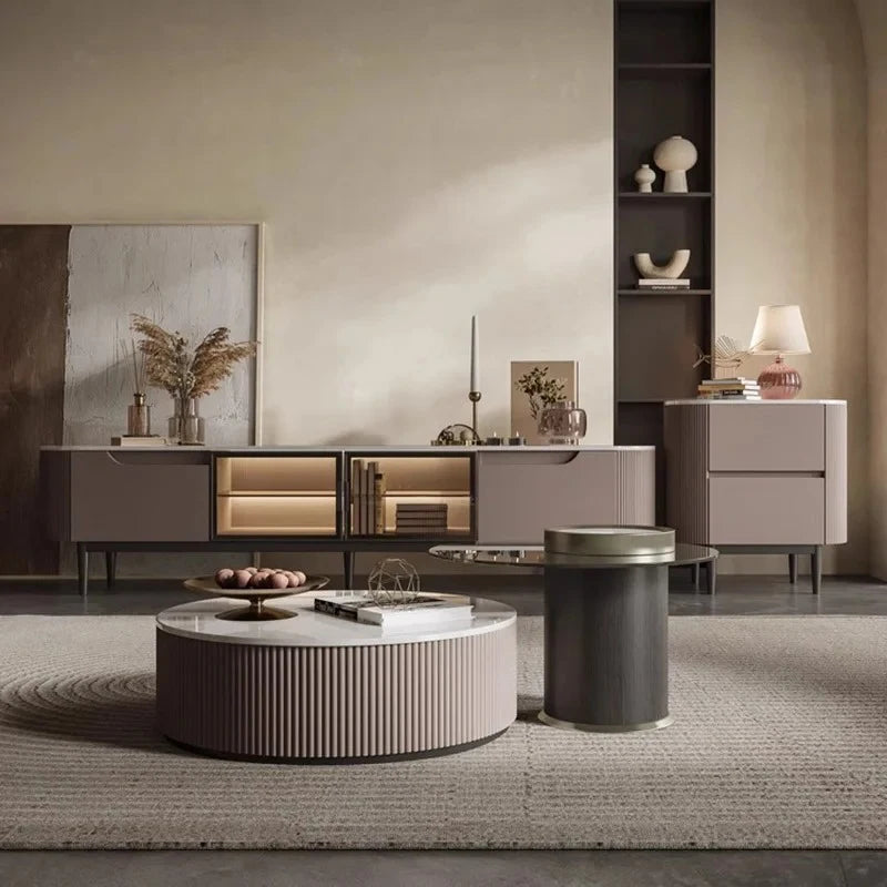 Ellington Collection | Tapered-Leg Brass-Accented Walnut Console - captured in a curated lifestyle vignette in a Mid-Century Modern entryway setting.