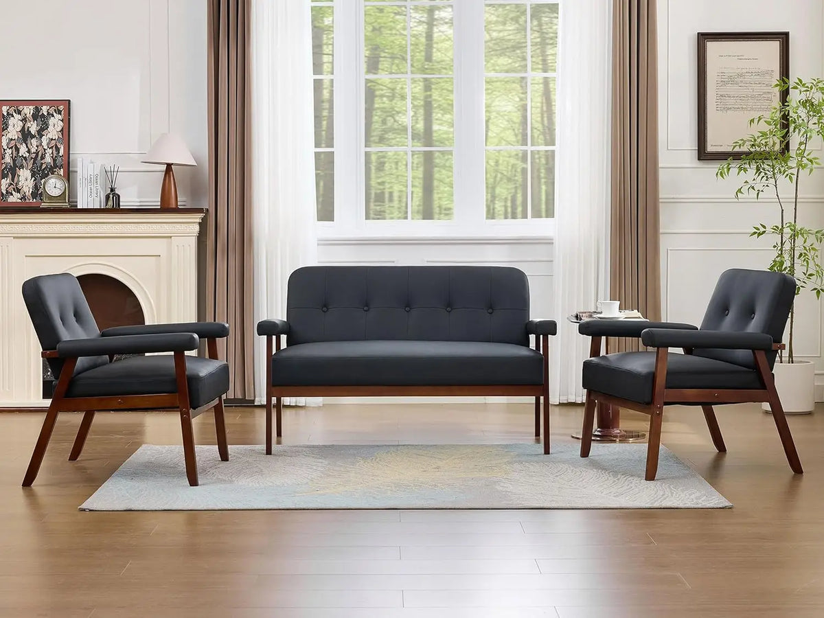 Ellington Collection | Tapered-Leg Leather-Wrapped Obsidian Leather Love Seat Set - captured in a curated lifestyle vignette in a Mid-Century Modern living room setting.