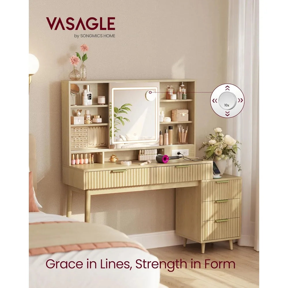 Elegant Mid-Century Modern Vanity Desk with Sliding Mirror & Integrated Lighting