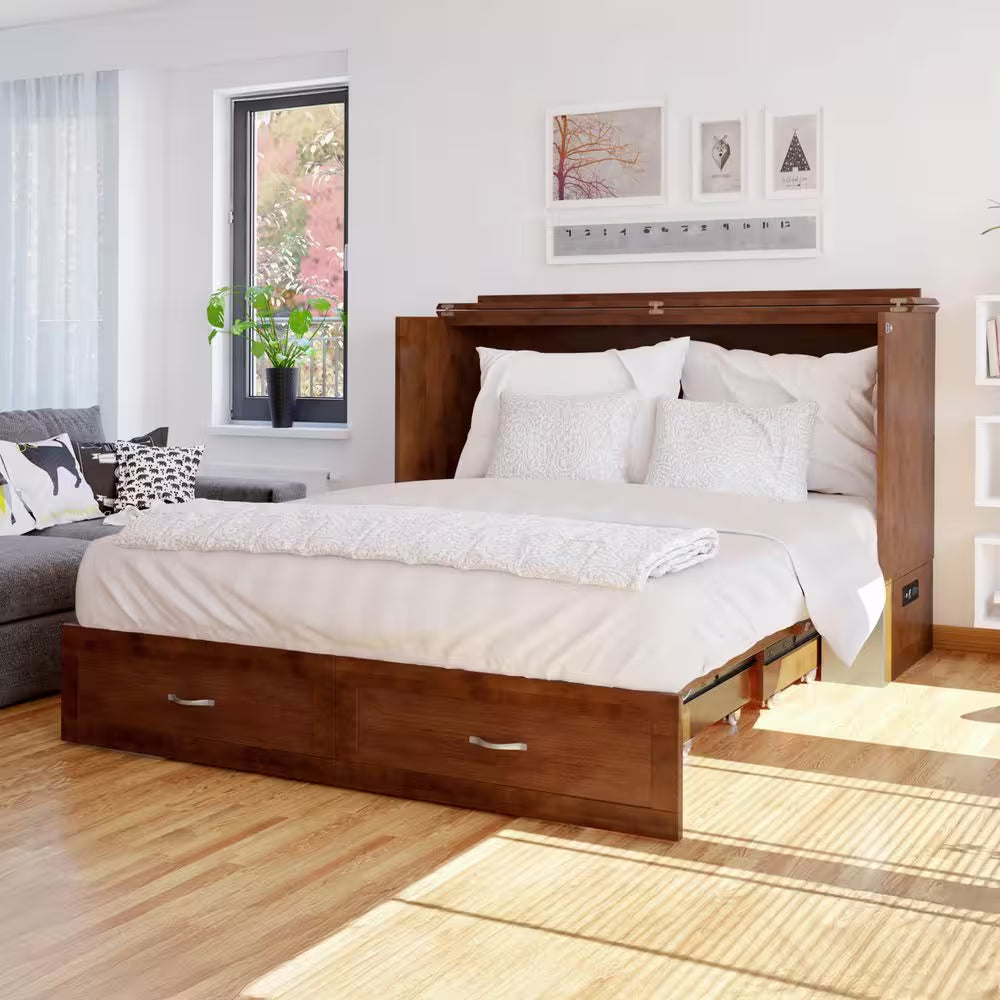 Hamilton Walnut Brown Wood Frame Queen Murphy Bed Chest with 6 In. Mattress, Storage and Built-In Charger