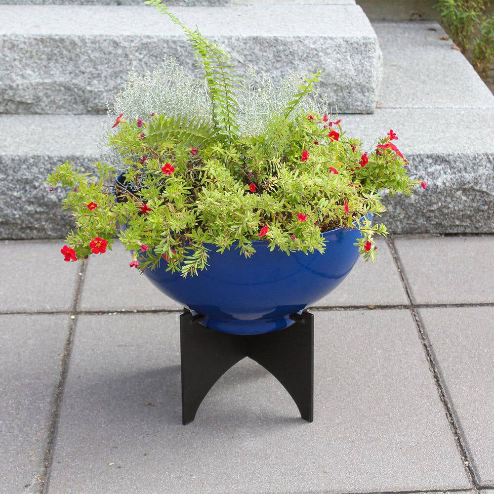 16In.W X 13.75In.H, round French Blue Galvanized Steel Planter Bowl W/Black Wrought Iron Plant Stand, Indoor Outdoor Use