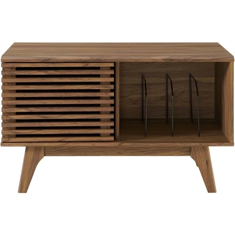 Dresden Collection | Sculptural Atomic-Era Walnut Record Stand - presented at scale within a designed interior in a Mid-Century Modern living room setting.