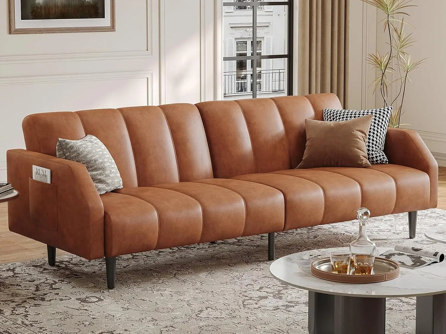 Belmont Collection | Streamlined Leather-Wrapped Convertible in Luxe Faux Leather - showcasing full sculptural form and curated finish in a Mid-Century Modern living room setting.