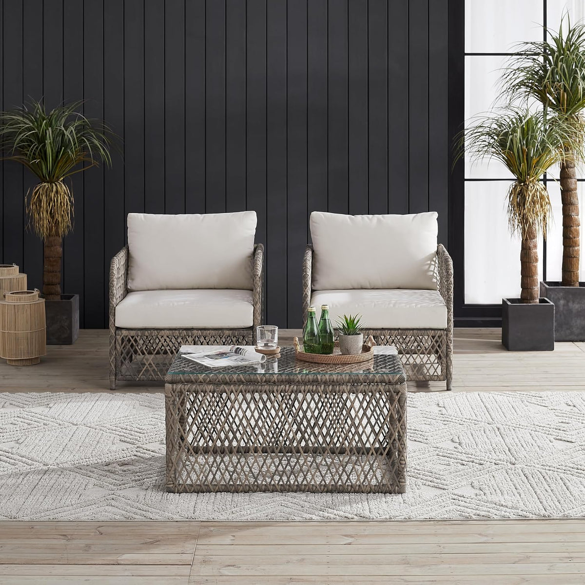 Granite Bay 3-Piece Outdoor Chair and Coffee Table, Modern Wicker Patio Furniture, Porch, Deck, Creme