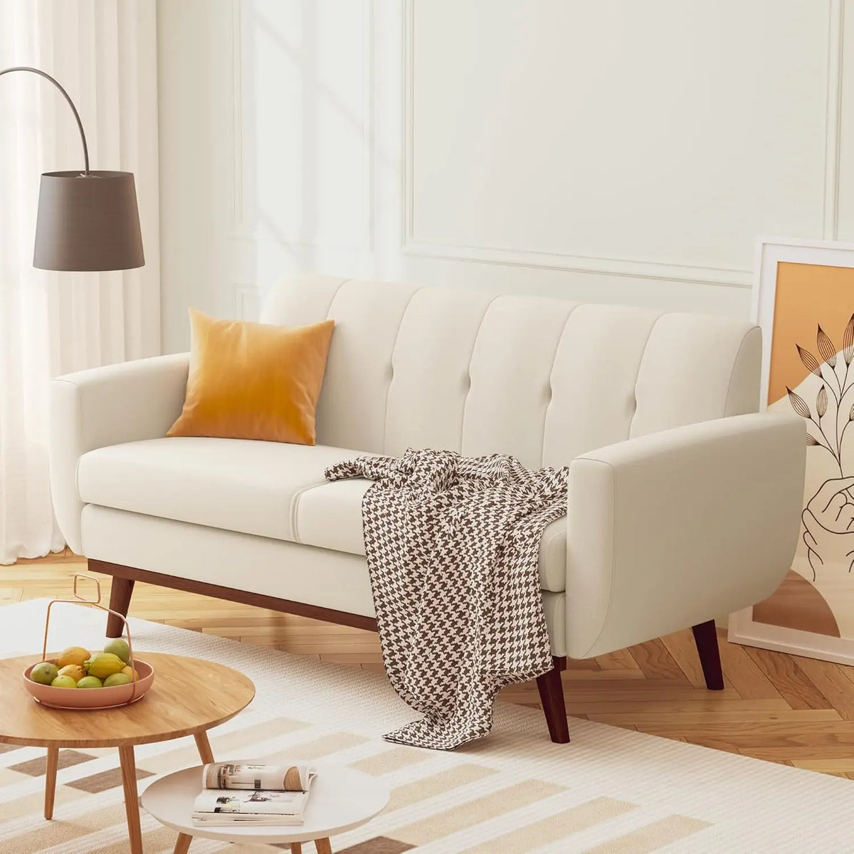 Ellington Collection | Atomic-Era Walnut Loveseat - captured in a curated lifestyle vignette in a Mid-Century Modern living room setting.