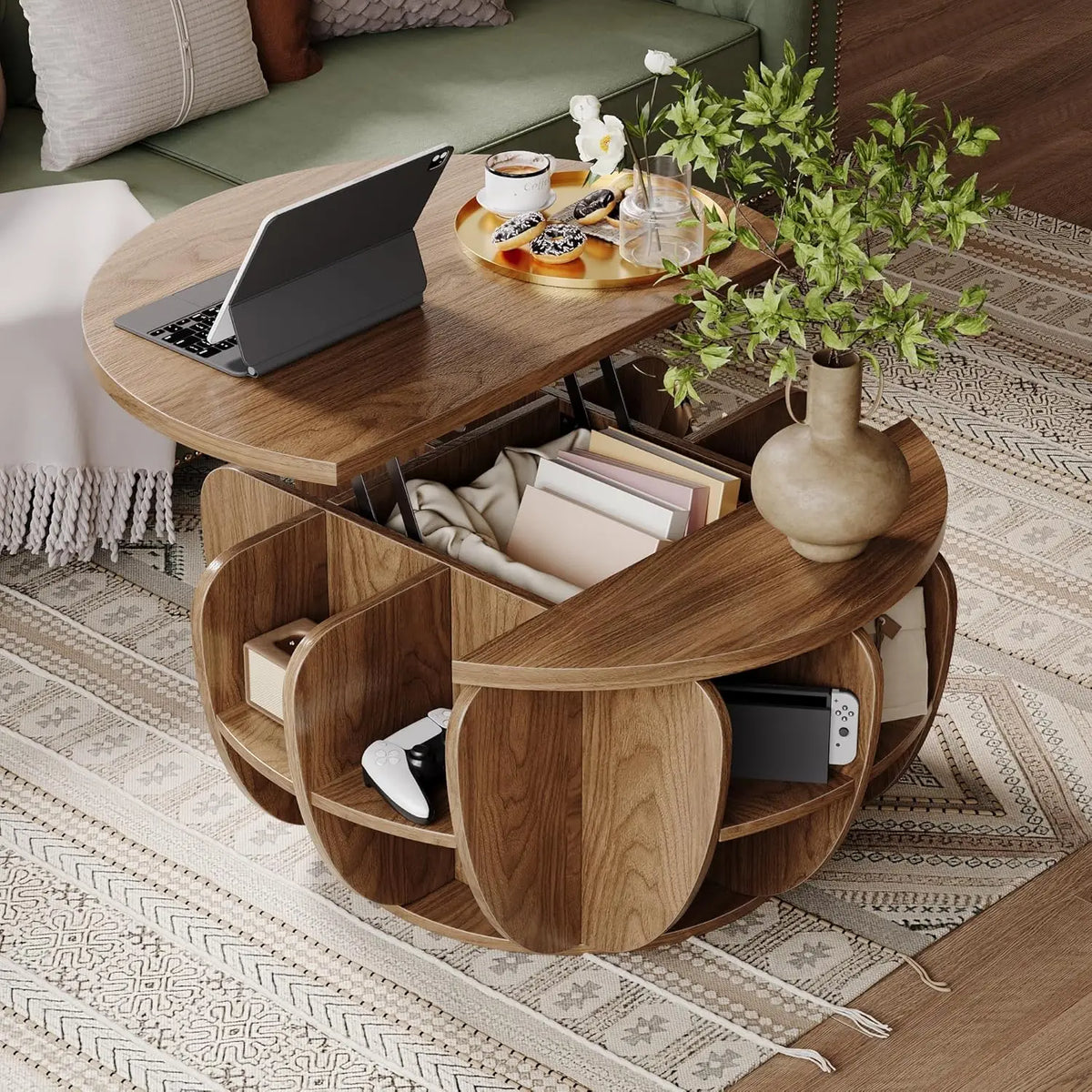 Astoria Collection | Tapered-Leg Atomic-Era Walnut Coffee Table - styled from an alternate angle revealing dimensional depth in a Mid-Century Modern living room setting.