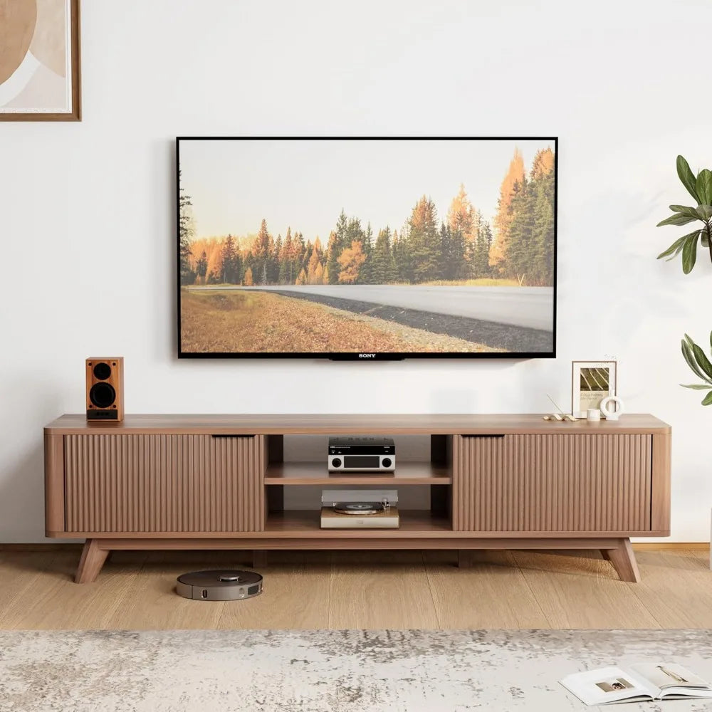 Fontaine Collection | Grand Fluted Walnut Console - featuring close-up joinery and artisanal finish quality in a Mid-Century Modern entryway setting.