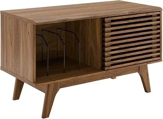 Dresden Collection | Sculptural Atomic-Era Walnut Record Stand - captured in a curated lifestyle vignette in a Mid-Century Modern living room setting.