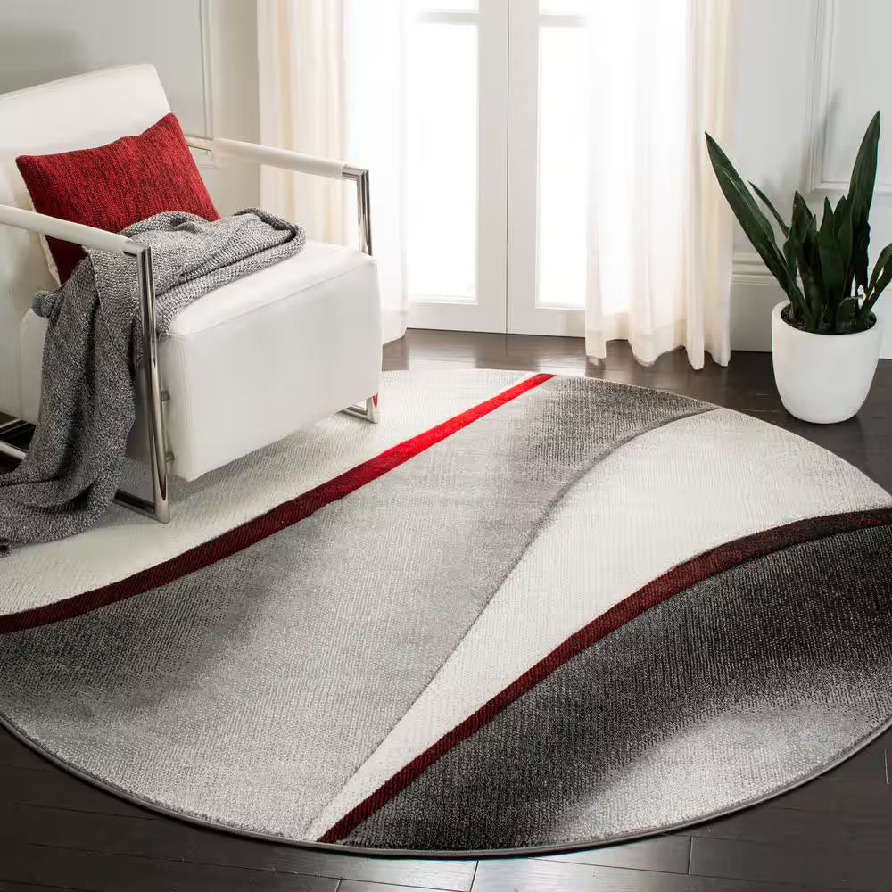 Hollywood Gray/Red 7 Ft. X 7 Ft. round Abstract Area Rug