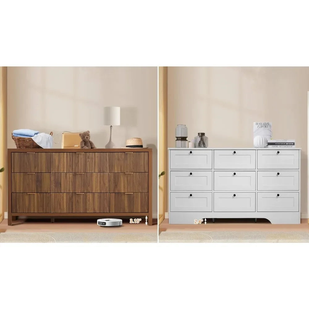 Belmont Collection | Tapered-Leg Brass-Accented Walnut & Brass Dresser - presented at scale within a designed interior in a Mid-Century Modern bedroom setting.
