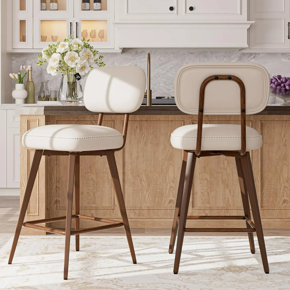 Dresden Collection | Geometric Brass-Accented Beige Swivel Barstools - captured in a curated lifestyle vignette in a Mid-Century Modern dining room setting.