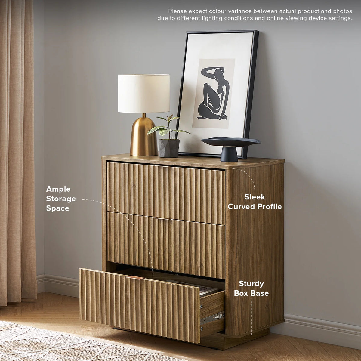 Brooklyn Mid-Century Modern Dresser Credenza, Waveform Panel, 3 Drawers, Anti-Tipping (Walnut)